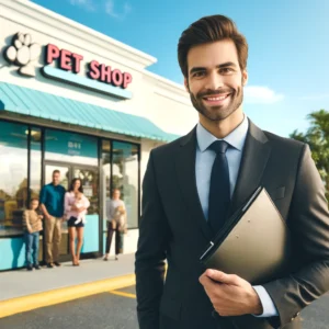 professional business broker standing outside a pet shop, WBM Consulting Florida